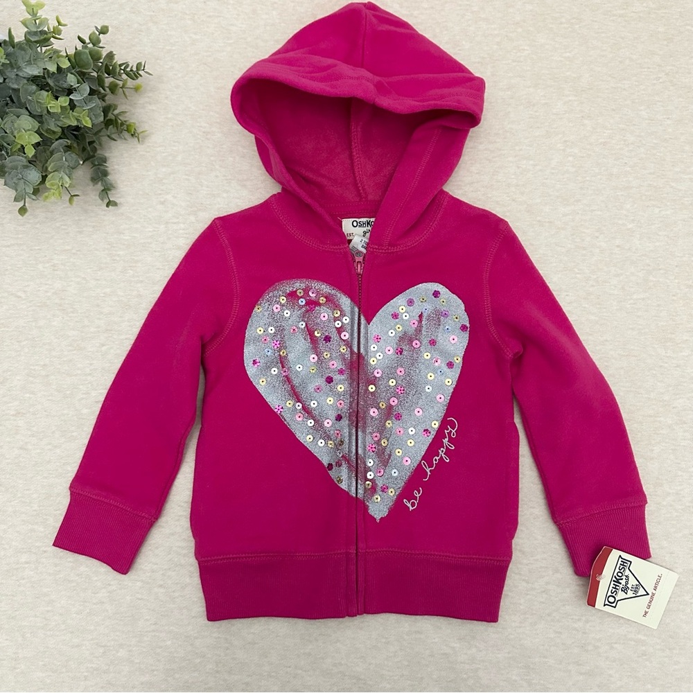OshKosh Girls B'gosh Pink Cotton Sequin Heart Hoodie Sweater Size 2T